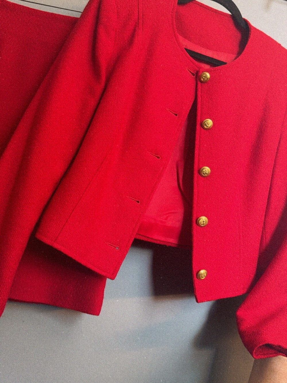 Vintage Red Wool Blend 2-Piece Skirt Suit Gold Crest Buttons Size 6